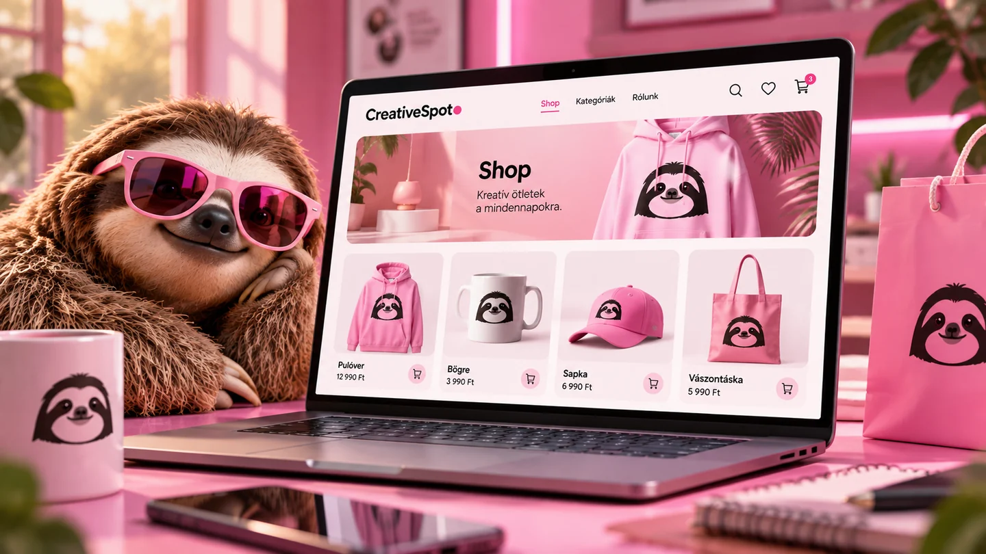 AI termékvideó webshop – lajhár és különböző termékek rózsaszín CreativeSpot környezetben