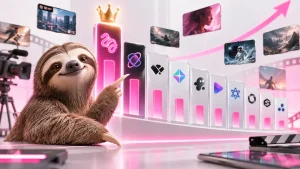 AI videós platformok toplistája lajhárral, grafikonokkal és videós elemekkel