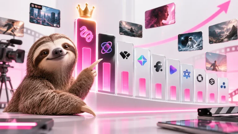 AI videós platformok toplistája lajhárral, grafikonokkal és videós elemekkel