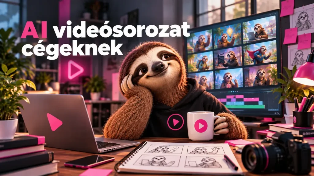 AI videósorozat cégeknek – lajhár egy kreatív videóstúdióban