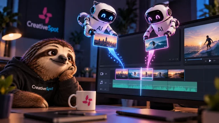 AI videóvágás workflow – lajhár figyeli, ahogy az AI összeállítja a videó timeline-t