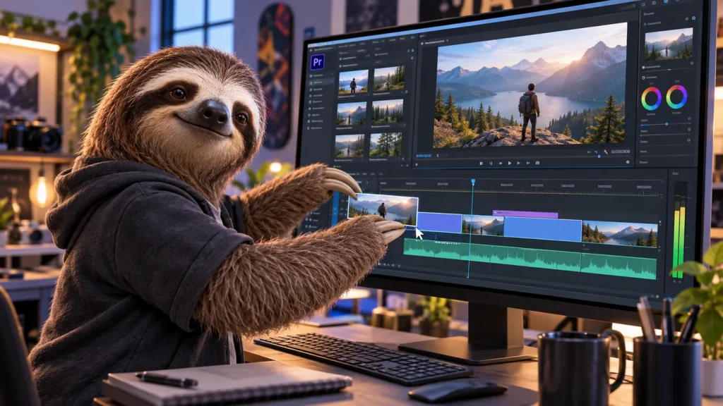 Premiere Pro AI videó – lajhár videót helyez a Premiere timeline-jára