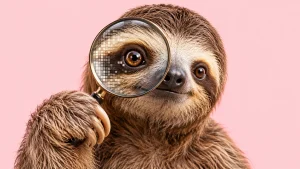 Lajhár nagyítóval és digitális részlettel a lencsében, az AI-videó felismerésének illusztrációja.