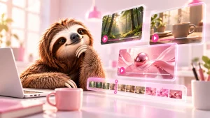 A CreativeSpot lajhárral illusztrált AI-videóelemzés: erdei, kávés és reklámos videópanelek világos rózsaszín műhelyben