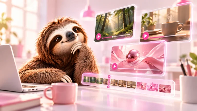 A CreativeSpot lajhárral illusztrált AI-videóelemzés: erdei, kávés és reklámos videópanelek világos rózsaszín műhelyben
