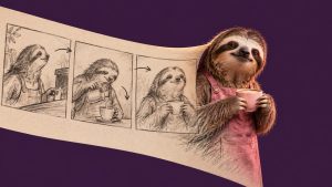 A rajzolt storyboardból életre kelő, rózsaszín bögrét tartó lajhár egyszínű lila háttér előtt.