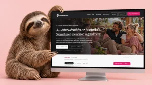 Lajhár az új CreativeSpot AI-videórendelési weboldalt mutató monitor mellett, rózsaszín háttér előtt.