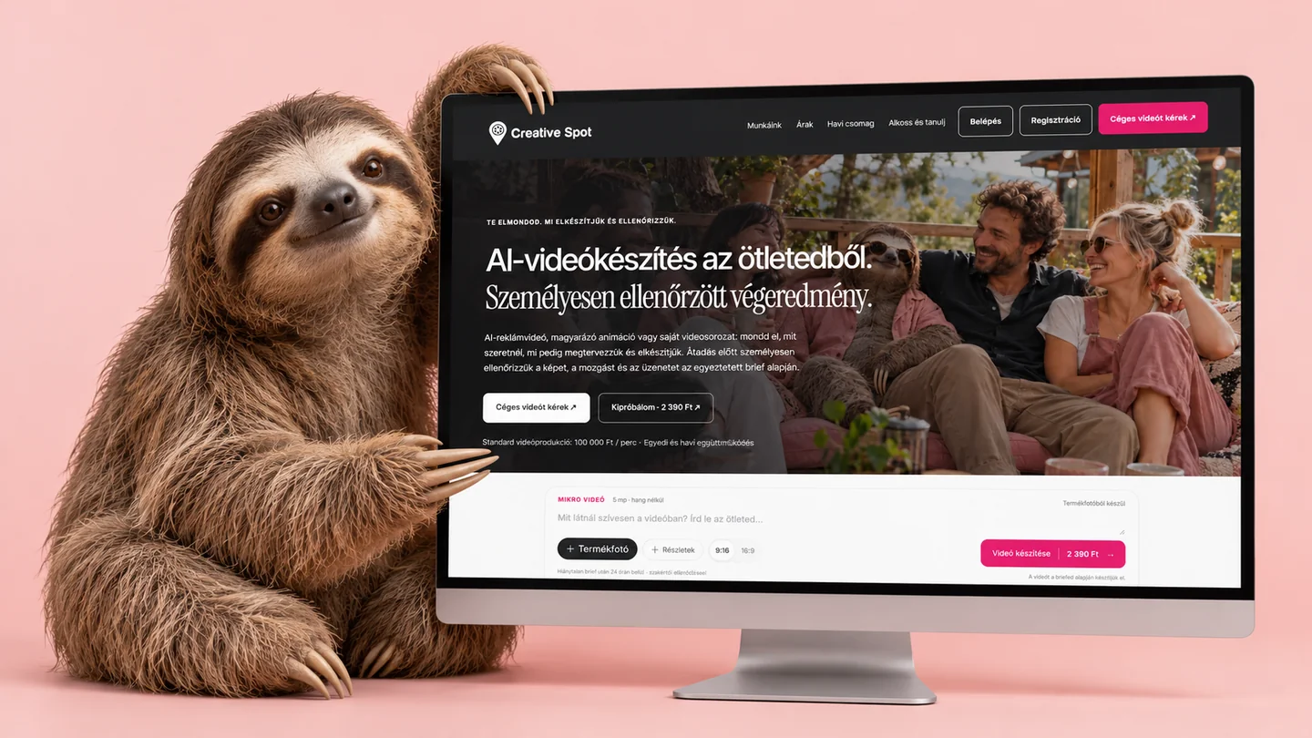 Lajhár az új CreativeSpot AI-videórendelési weboldalt mutató monitor mellett, rózsaszín háttér előtt.