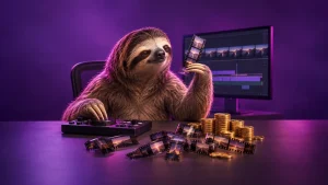 Lajhár videószerkesztő asztalnál, filmrészletekkel és érmékkel az AI-videó újragenerálási költségének szemléltetésére.
