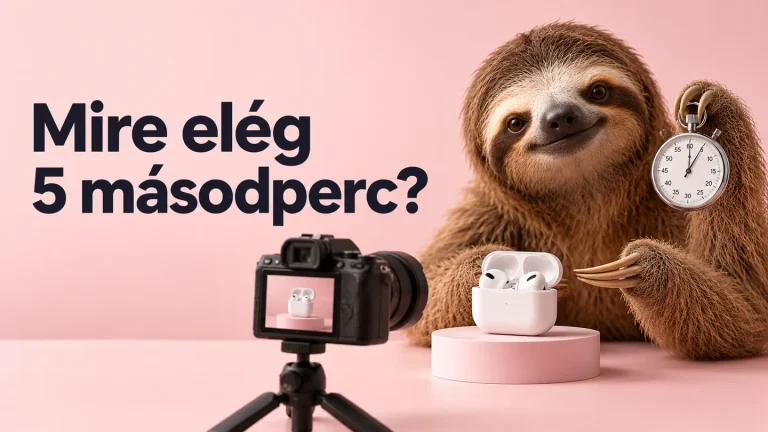 Lajhár stopperórával és termékvideós kamerával egy fülhallgató mellett. Felirat: Mire elég 5 másodperc?