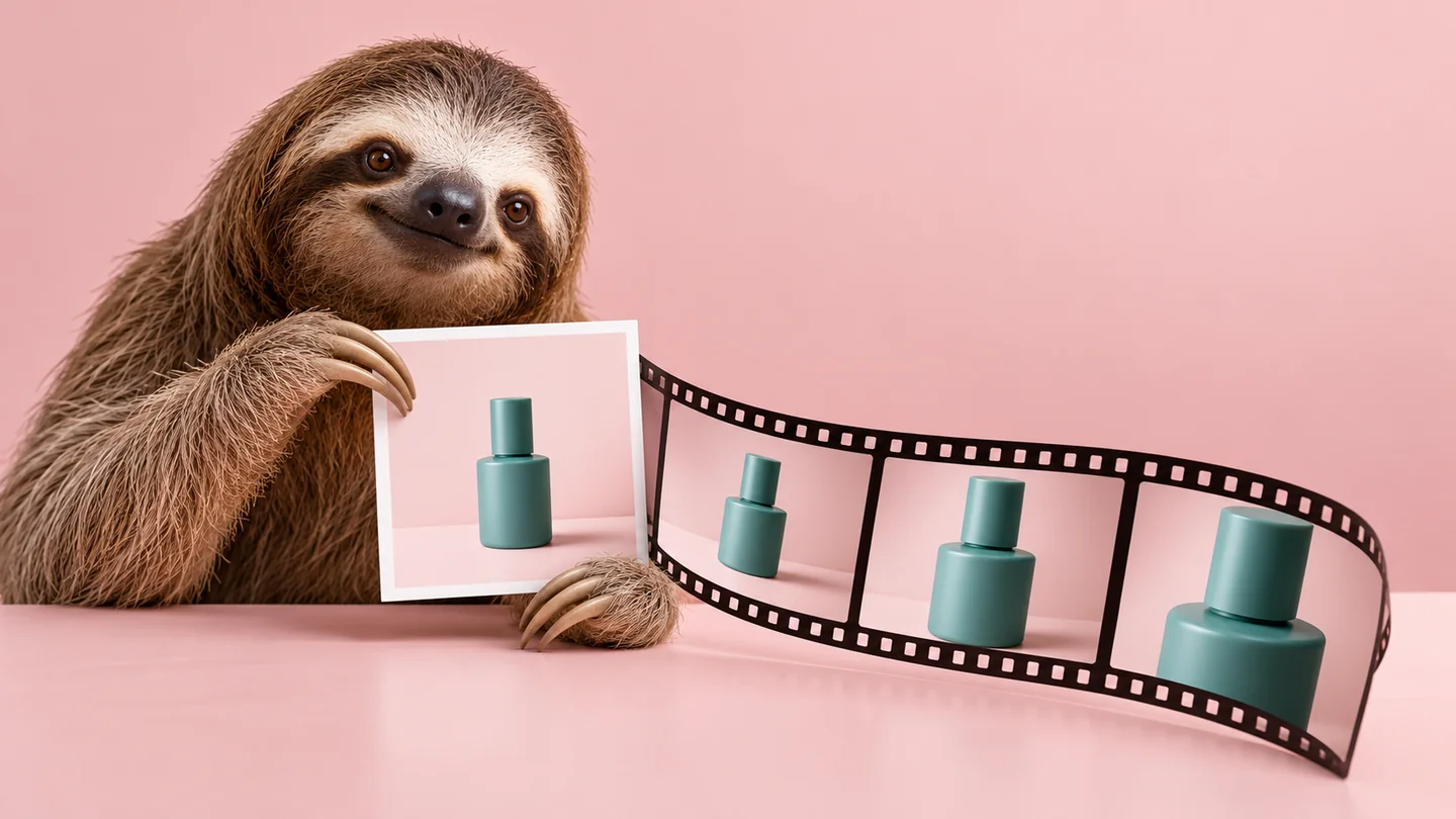 Lajhár termékfotót tart, amelyből a türkiz terméket bemutató filmszalag bontakozik ki, rózsaszín háttér előtt.