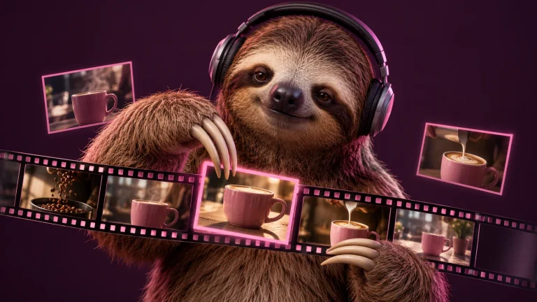 Fejhallgatós lajhár filmkockákat válogat, a videós kreatív szerepét szemléltetve az AI-reklámvideó készítésében.
