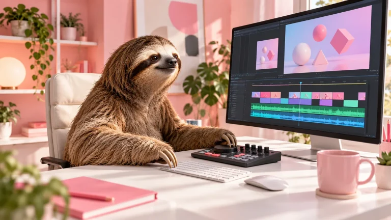 Lajhár külön kép- és hangsávokból álló videót szerkeszt rózsaszín stúdióban